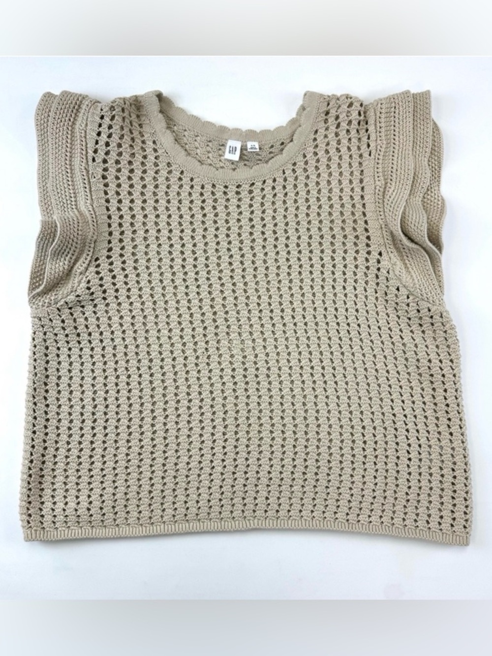 Gap cotton crochet ruffle top XL beige knit round neck Feminine Summer Neutral